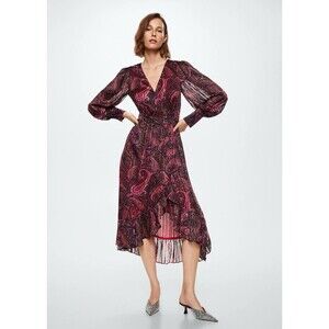 Mango Ruffled Paisley Print Evasé Dress Size US 4 Boho Chic Flowy Mid Lslv